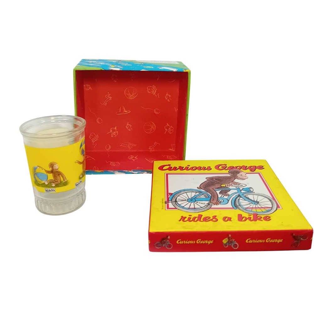 Vintage 90s Curious George Welch's Jelly Glass Cup & Decorative Gift Box Set
